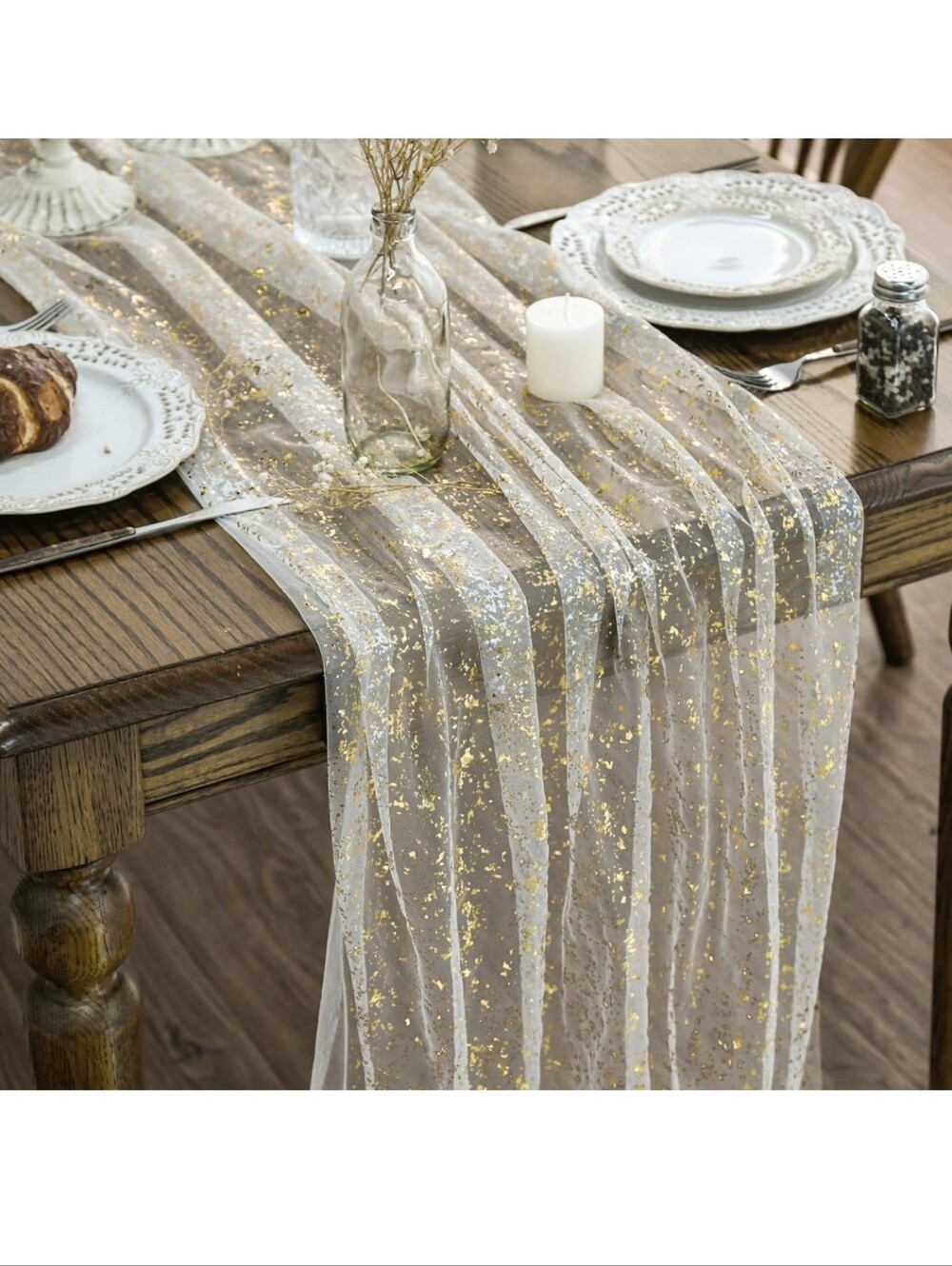 Beige Gold Gauze Table Runner 120 Inch 10FT, Glitter Metallic Foil Set Of 12